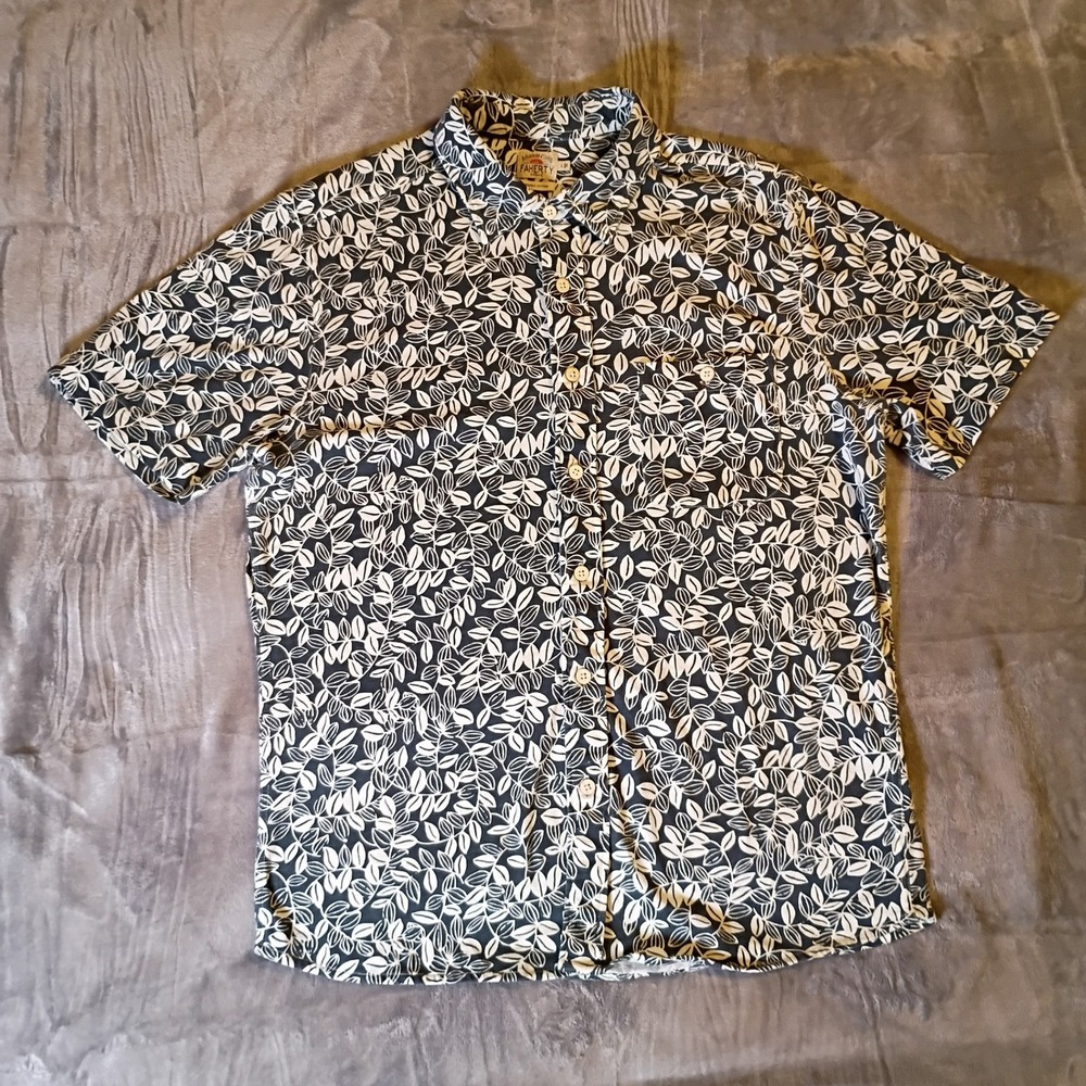 Faherty Organic Cotton Short Sleeve Button Down Shirt Leaf Print Mens Large Navy